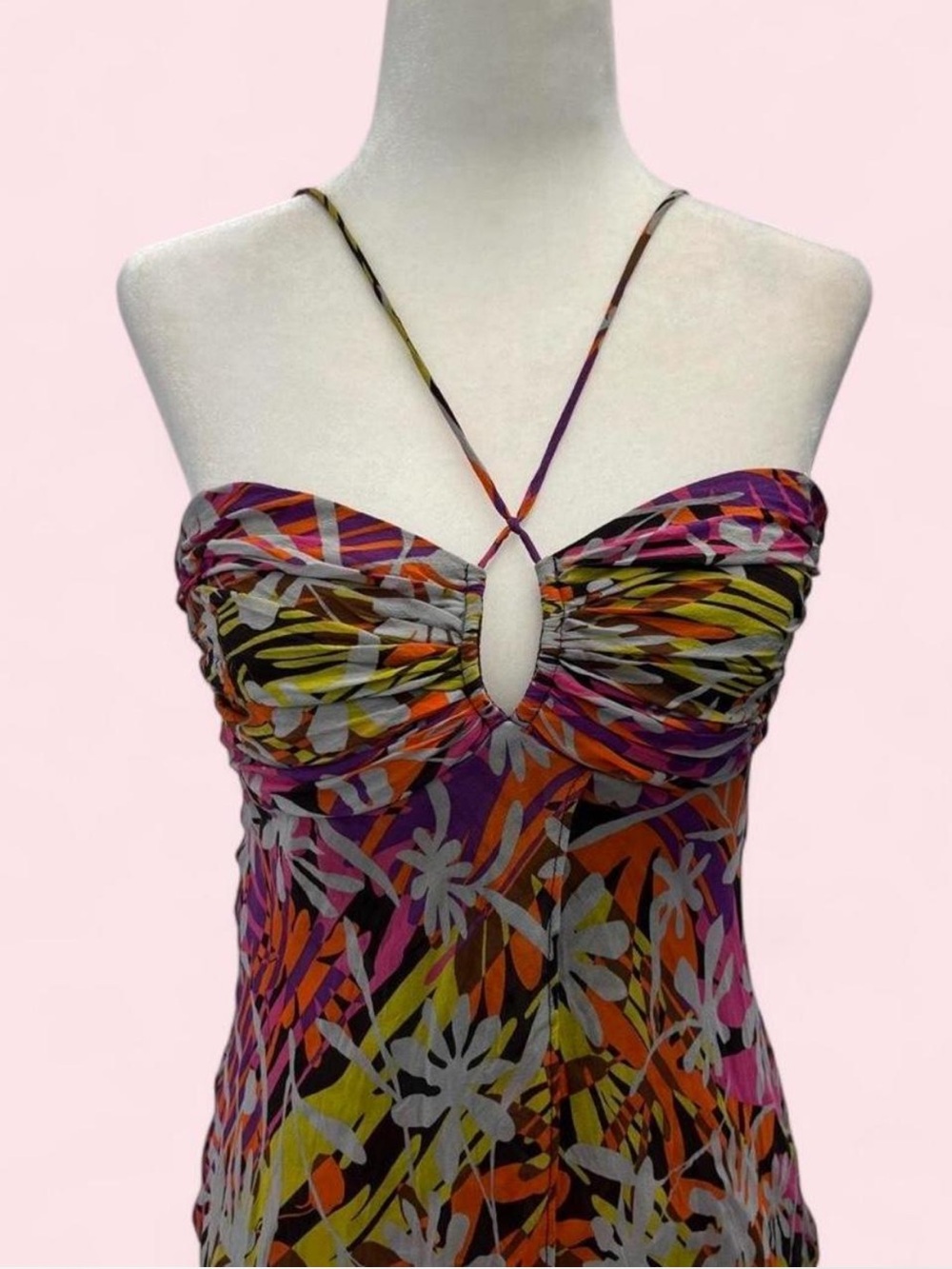 Y2K BCBG Max Azria 100% Silk Floral Halter Dress Fairy Boho - Picture 3 of 8